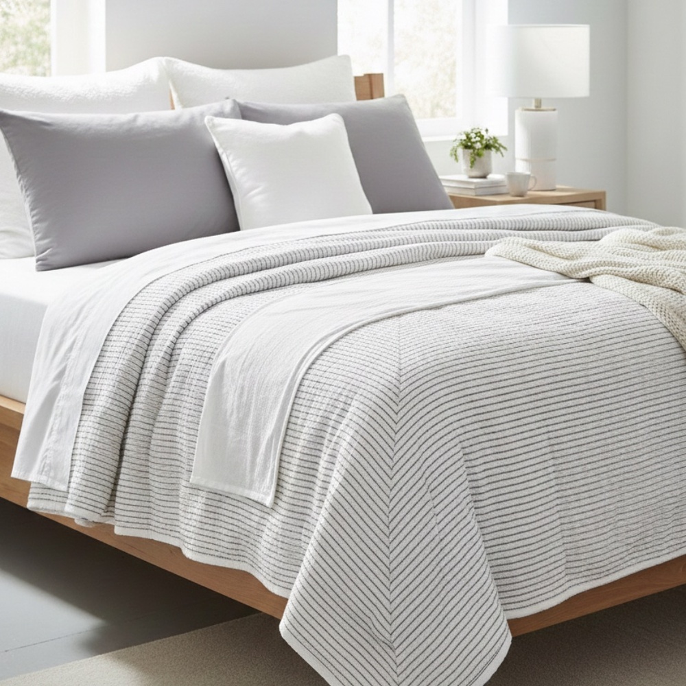 Hearth & Hand Full/Queen Microstripe Quilt Sour Cream/ Railroad Gray